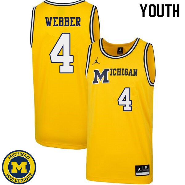 Youth University of Michigan #4 Chris Webber Yellow 1989 Retro High School Basketball Jersey